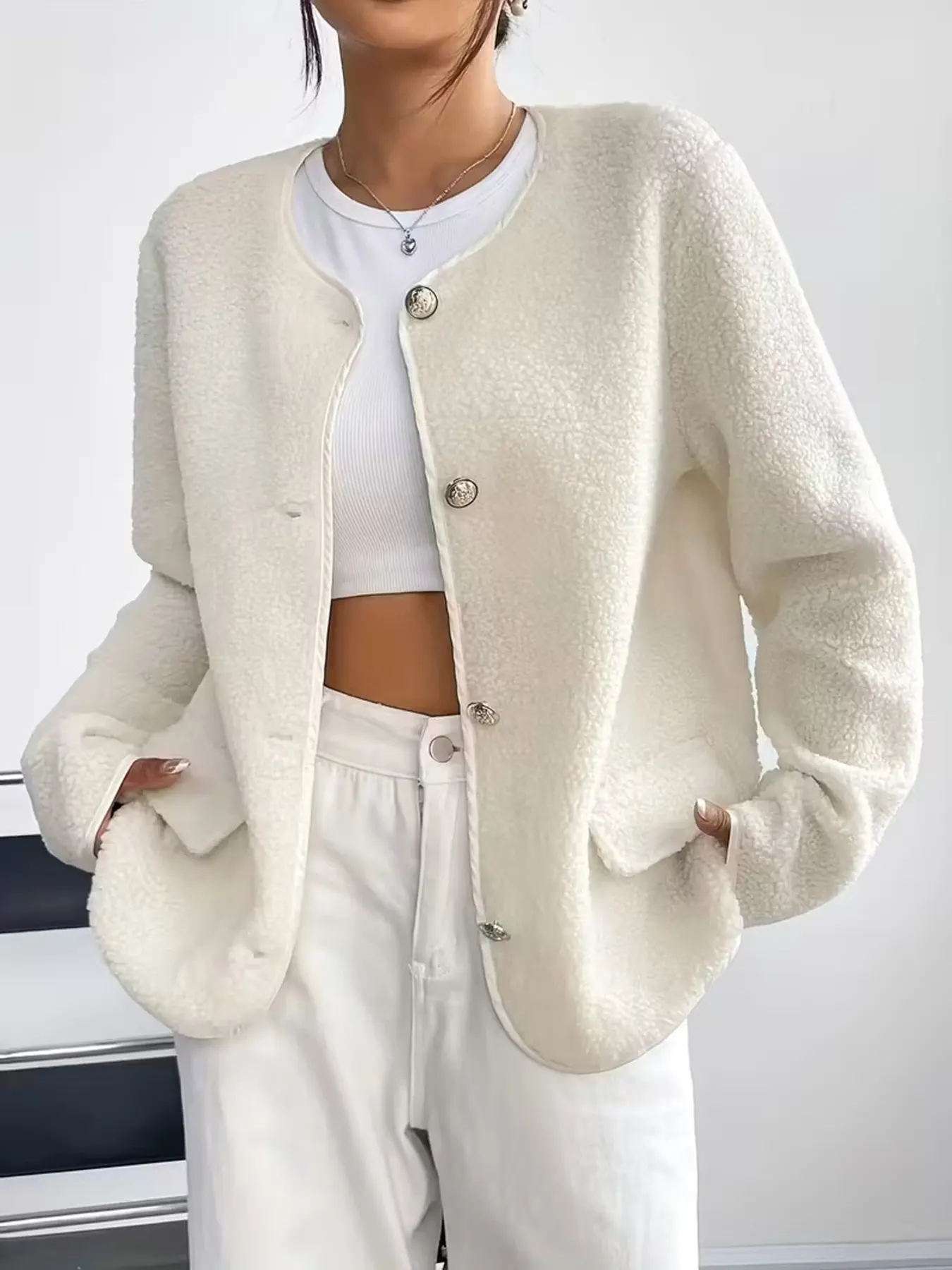 Full Size Textured Button-Up Fleece Outerwear Plus Size