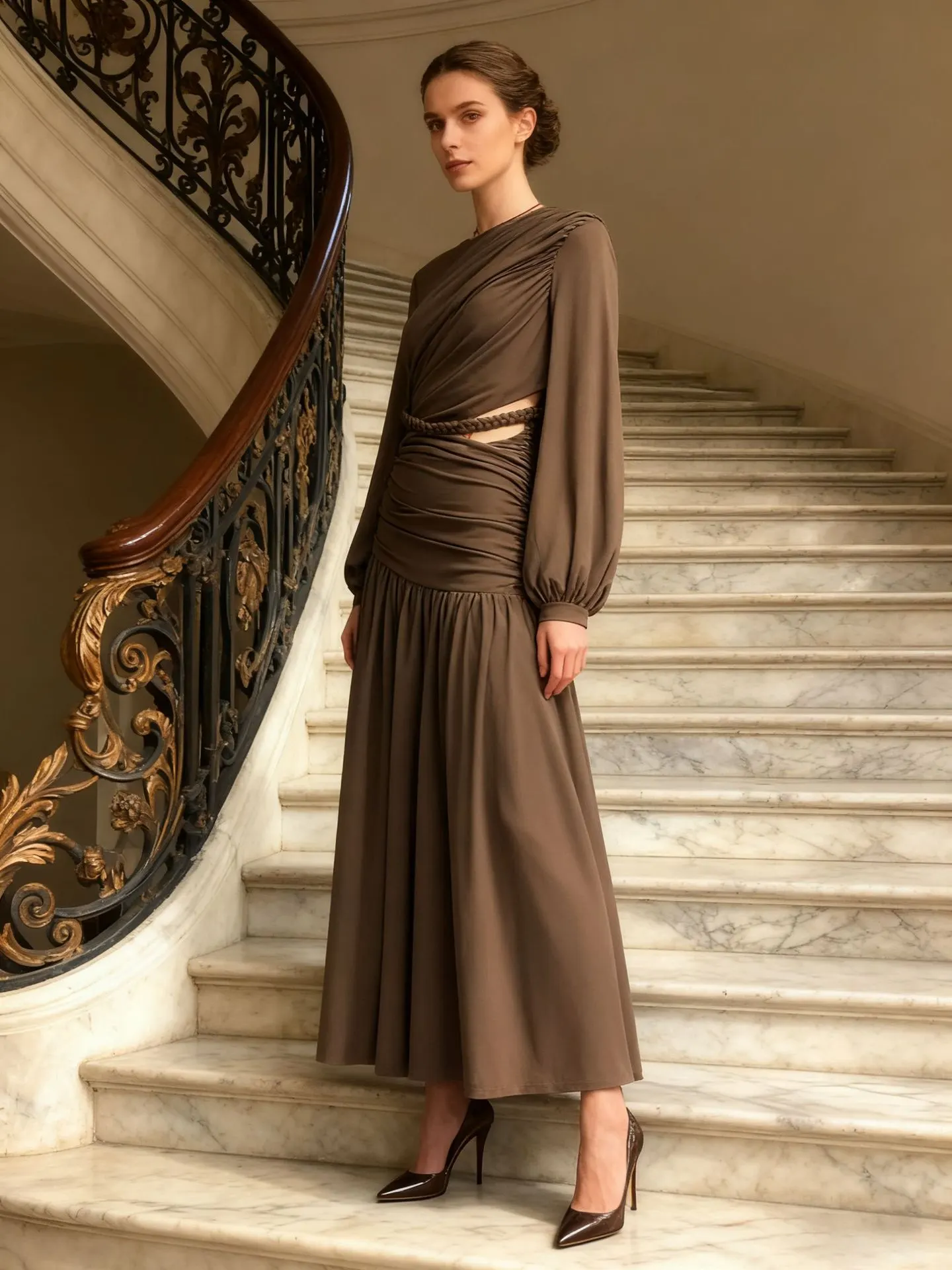Ruched Long-Sleeve Maxi Dress with Cutout Detail