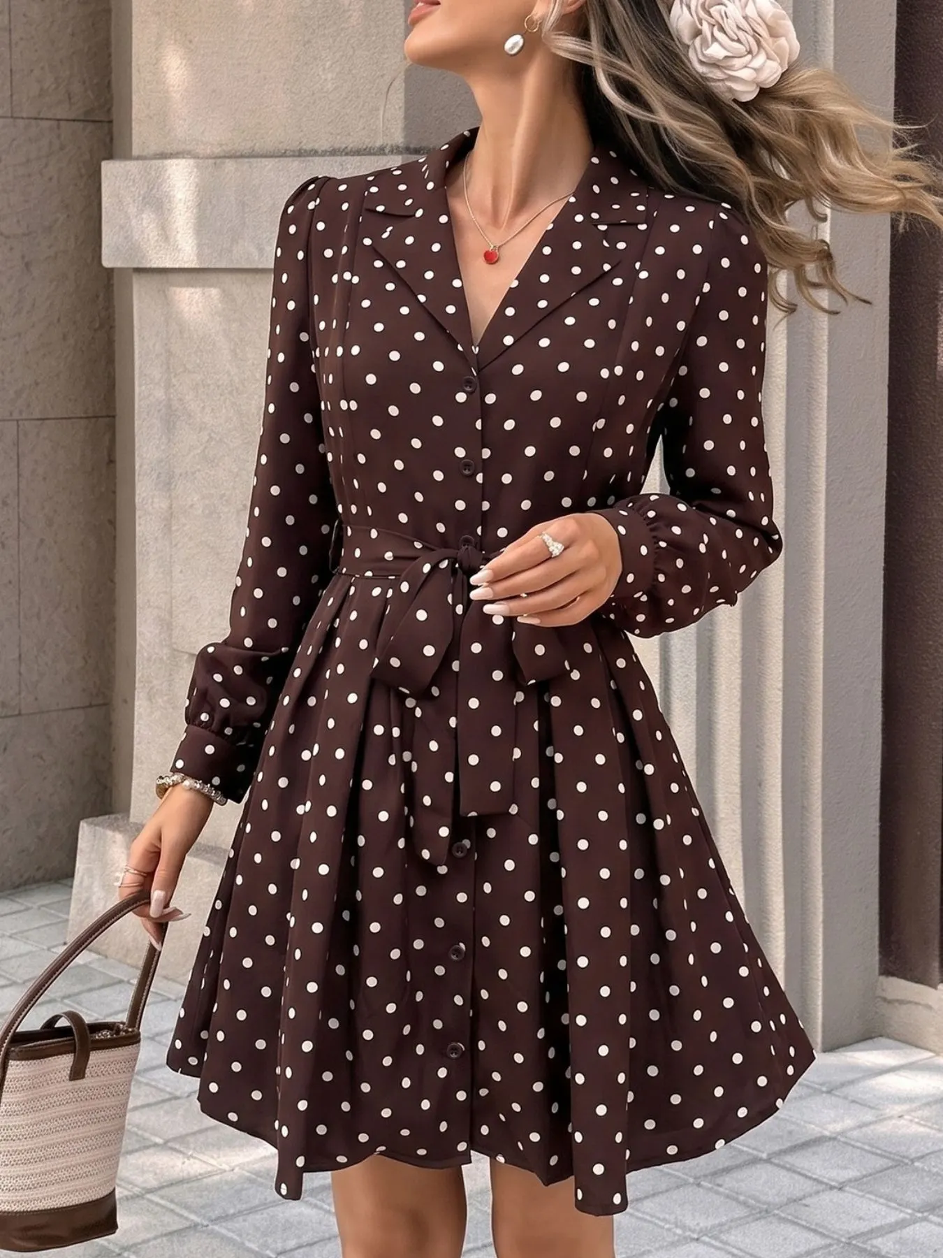 Polka Dot Long Sleeve Shirt Dress